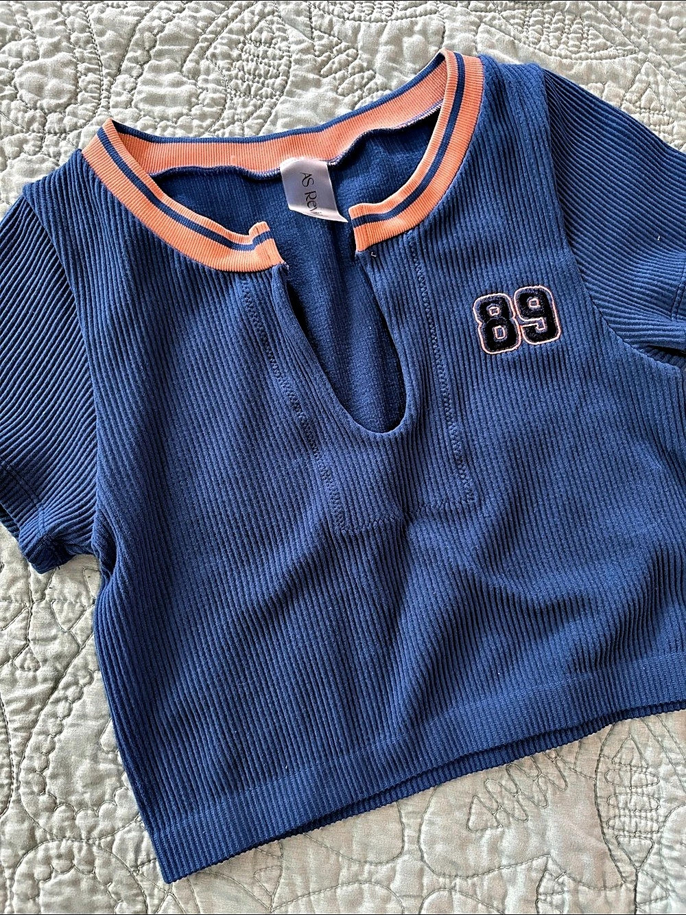 As Revival Women's Ribbed Short Sleeve Top in Blue L/XL Very Stretchy Soft